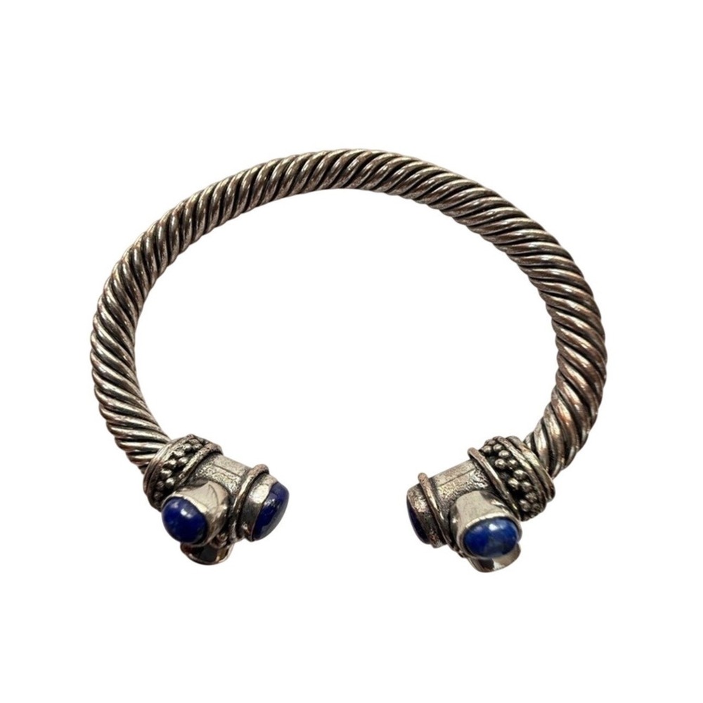 Blue Lapis Stone Bracelet Twisted Cable Open Cuff Silver Tone Adjustable Womens